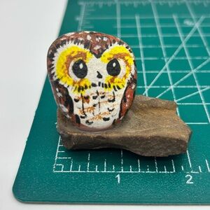 Handcrafted owl painted on small stone perched on rock 2" Rock Art Decor MINI